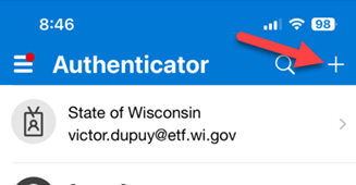 Microsoft authenticator app - plus button highlighted
