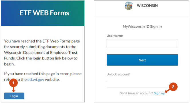 Screenshot showing to select Login on ETF Web Forms page followed by sign up link on MyWisconsin ID Sign In page