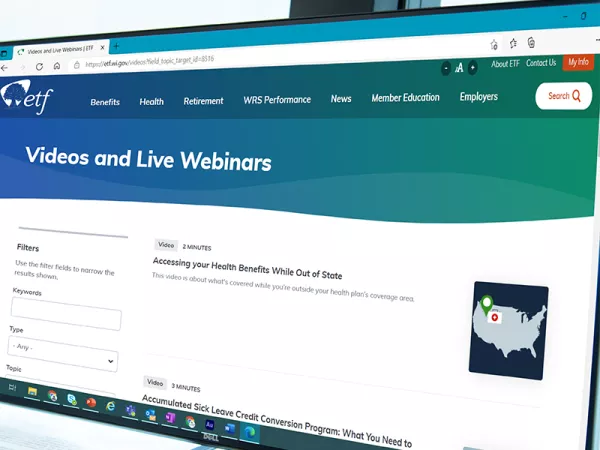 Youb Benefits in Retirement Videos and webinars page on computer monitor.