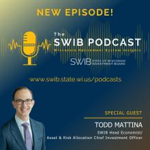 SWIB Podcast ad, with images of The SWIB PODCAST logo, photo of Todd Mattina,and the following texts: NEW EPISODE! The SWIB Podcast: Wisconsin Retirement System Insights. www.swib.state.wi.us/podcasts. SPECIAL GUEST: TODD MATTINA, SWIB Head Economist/Asset & Risk Allocation Chief Investment Officer